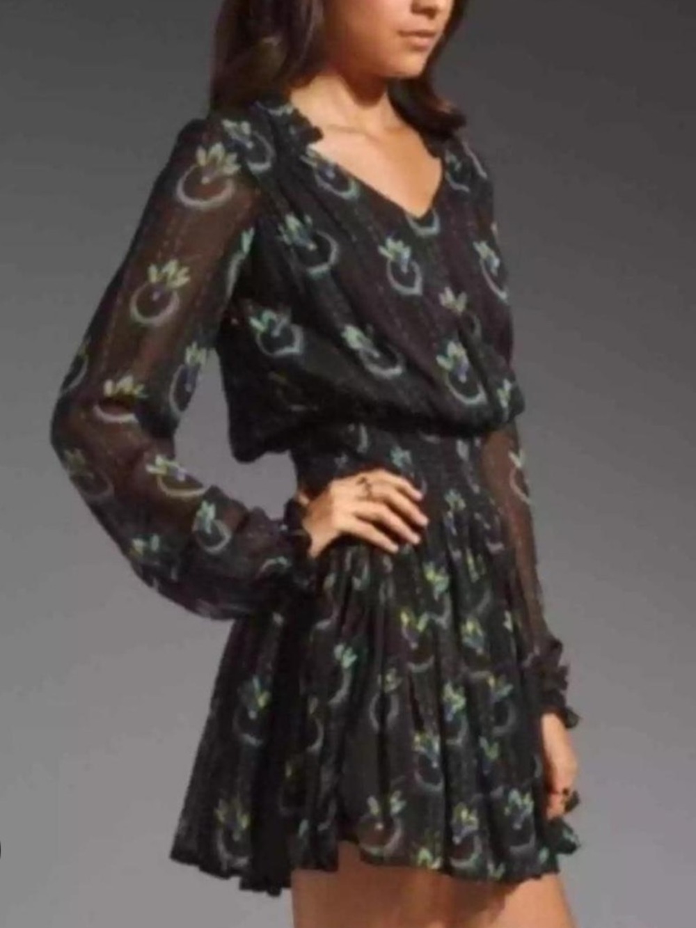 Free People XS Wild Horses Peacock Print Mini Dress Smocked Waist Sheer Sleeves